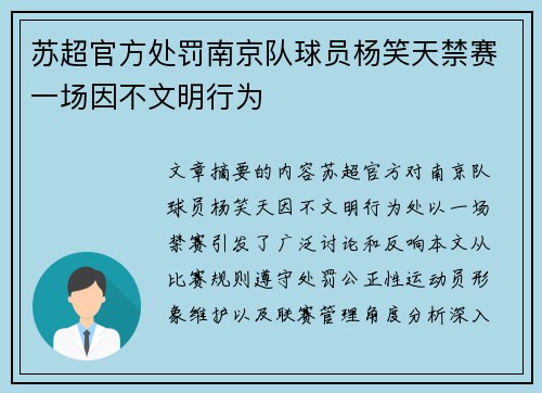 苏超官方处罚南京队球员杨笑天禁赛一场因不文明行为